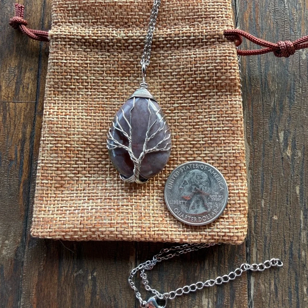 Brand New Wire-Wrapped Indian Agate Drop Pendant with Stainless Steel Chain